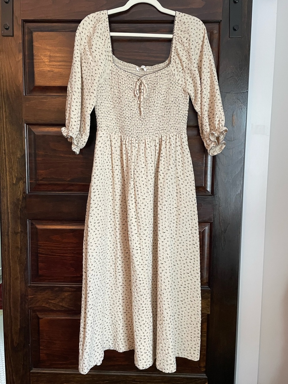 Neuflora Cream & Gray Floral Midi Dress with Smocked Bodice